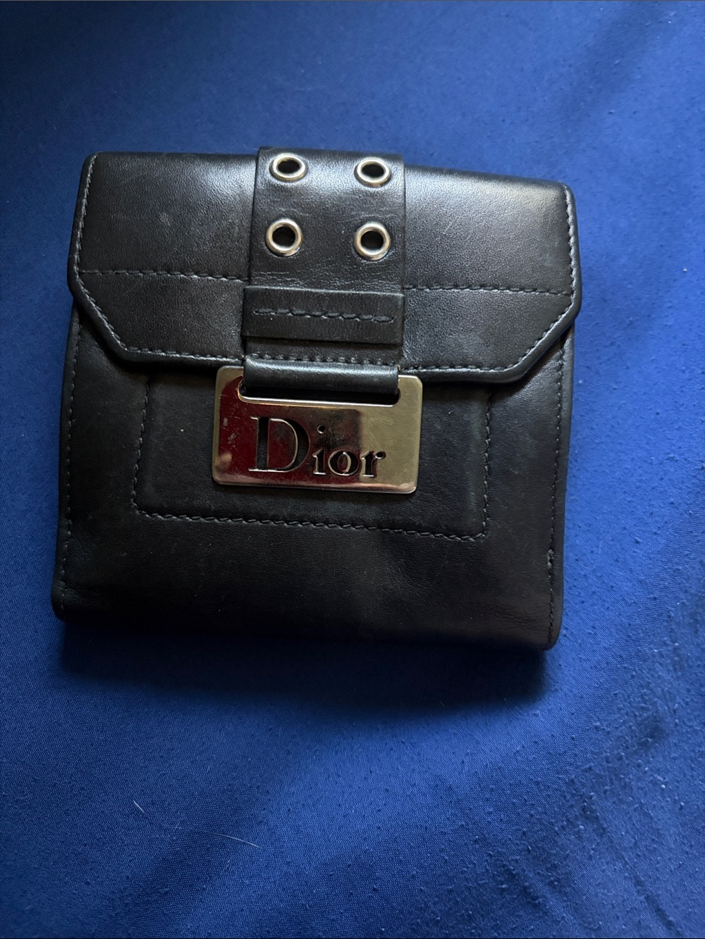 Vintage Dior Black Leather Compact Wallet with Gold Logo Plaque